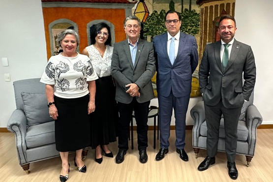 A imagem mostra cinco pessoas em um ambiente interno, provavelmente um escritório ou sala de reuniões, todas vestidas formalmente e posando para uma foto. Ao fundo, há uma tapeçaria colorida representando uma paisagem urbana, com duas poltronas cinza e uma pequena mesa entre elas. Da esquerda para a direita, a primeira pessoa é uma mulher usando uma blusa branca com detalhes florais pretos e uma saia preta, sorrindo para a câmera. Ao lado dela, há outra mulher de cabelo curto, vestindo um blazer preto sobre uma blusa clara, também sorridente. No centro da foto, um homem mais velho, de cabelo grisalho, veste um terno cinza escuro com uma camisa clara sem gravata e mantém as mãos cruzadas à frente enquanto sorri levemente. À sua direita, um homem com terno azul, camisa branca e gravata azul clara, está de óculos e com as mãos nos bolsos, exibindo uma expressão mais séria. Por fim, o último homem, à direita da imagem, veste um terno cinza com gravata verde e segura as mãos à frente, também com um leve sorriso no rosto. A cena sugere uma reunião ou evento formal.