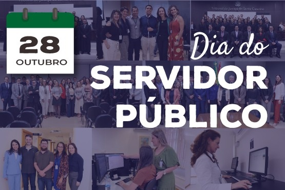 A imagem é uma montagem em comemoração ao "Dia do Servidor Público", com várias fotos menores de servidores em diferentes contextos de trabalho. No canto superior esquerdo, há um ícone de calendário destacando o dia "28 de outubro". Ao centro, em letras grandes e brancas, está o texto "Dia do Servidor Público", destacando o tema da imagem. As fotos menores mostram grupos de servidores posando para fotos em diferentes ambientes, como escritórios, salas de reuniões e tribunais. Algumas imagens mostram servidores em suas funções, usando computadores e interagindo com o público. A montagem celebra o trabalho dos servidores públicos, retratando-os em diversas situações profissionais e reforçando o reconhecimento da importância dessa categoria.
