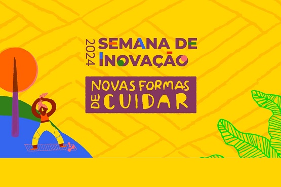 A imagem apresenta um fundo amarelo vibrante, com elementos gráficos em cores chamativas e contrastantes. No lado esquerdo, há uma ilustração de uma pessoa estilizada com o corpo em uma pose de alongamento ou exercício, vestida com roupas em tons de vermelho e amarelo, posicionada sobre uma prancha ou tapete. Ao lado da figura, há um grande círculo laranja que pode representar o sol. No centro da imagem, aparece o texto “SEMANA DE INOVAÇÃO 2024” em letras grandes e coloridas, com a palavra “INOVAÇÃO” destacada em dois tons (roxo e verde), e o "2024" em uma orientação vertical ao lado esquerdo. Abaixo, há um retângulo roxo com o texto “NOVAS FORMAS DE CUIDAR” em um estilo de escrita que parece feito à mão, com letras grandes e brancas. No lado direito, há uma ilustração de folhas verdes, em um estilo gráfico simplificado.A estética geral é alegre e moderna, com cores fortes e formas simples, remetendo a um tema de inovação e cuidado em um ambiente vibrante.