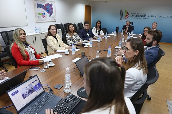 A imagem mostra uma reunião em uma sala de conferências. Há várias pessoas sentadas ao redor de uma mesa de madeira. Na mesa, há garrafas de água, copos e papéis. No canto esquerdo da imagem, há um laptop aberto com uma tela visível. As pessoas estão vestidas formalmente, e uma delas, que está mais próxima da câmera, veste um casaco vermelho. Na parede ao fundo, há um mapa colorido e um painel azul com um logotipo e o texto "Conselho Nacional de Justiça". A sala parece bem iluminada e as pessoas estão atentas à reunião.