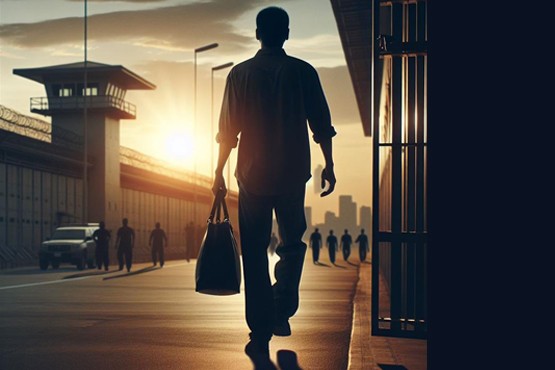 A imagem retrata a silhueta de um homem saindo de um portão de prisão ao entardecer. Ele carrega uma sacola enquanto caminha em direção à liberdade, com a luz do sol no horizonte iluminando o cenário. Ao fundo, é possível ver a estrutura da prisão, incluindo uma torre de vigilância e cercas de segurança. Outras figuras aparecem ao longe, também andando na mesma direção, o que sugere um momento de transição ou libertação. A cena evoca sentimentos de esperança, mudança e o fim de um período de encarceramento.