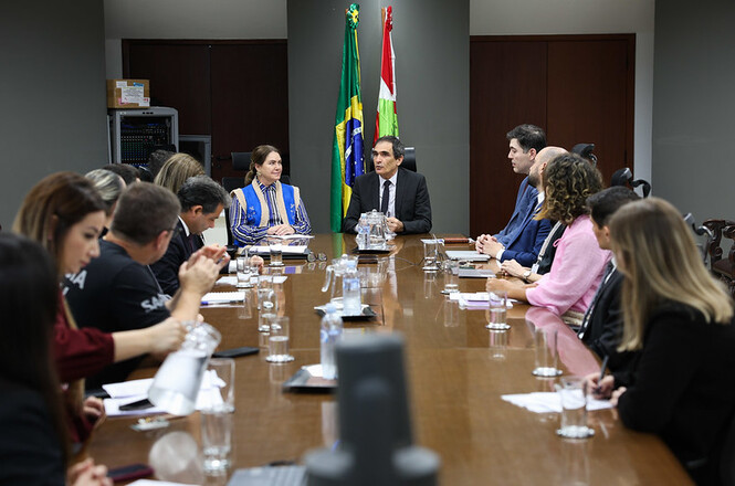 A imagem mostra uma reunião formal com várias pessoas sentadas ao redor de uma mesa de madeira em uma sala de conferências. No centro da mesa, estão dois indivíduos que parecem liderar a reunião, um homem de terno e uma mulher vestindo roupas tradicionais coloridas. Ao fundo, estão as bandeiras do Brasil e de um estado brasileiro, indicando que a reunião pode estar ocorrendo em uma instituição governamental. Todos na mesa têm copos de água e alguns têm materiais de anotação, sugerindo uma discussão ou planejamento importante. A atmosfera é séria e profissional, com os participantes focados na conversa.