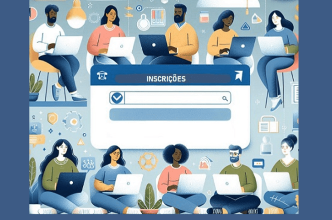 A imagem mostra uma ilustração de várias pessoas sentadas, cada uma usando um laptop. Elas estão dispostas em duas fileiras, com quatro pessoas na fileira de cima e cinco na fileira de baixo. No centro da imagem, há uma caixa de pesquisa com a palavra "INSCRIÇÕES" no topo. A caixa de pesquisa tem um ícone de lupa à direita e um ícone de marca de seleção à esquerda. O fundo da imagem é decorado com ícones e símbolos relacionados à tecnologia e educação, como engrenagens, lâmpadas e gráficos. As cores predominantes são azul, laranja e branco.