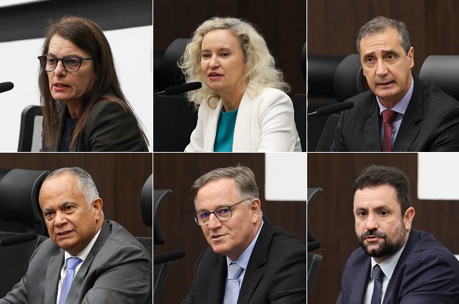A imagem é uma montagem com seis fotografias de pessoas em um ambiente formal, possivelmente em uma reunião ou conferência. As fotos estão dispostas em duas linhas com três imagens cada.  Na primeira linha: 1. Uma mulher de cabelos castanhos longos e lisos, usando óculos e vestindo um blazer preto. 2. Uma mulher de cabelos loiros e cacheados, vestindo um blazer branco sobre uma blusa verde. 3. Um homem de cabelos curtos e grisalhos, vestindo um terno escuro com gravata vermelha.  Na segunda linha: 1. Um homem de cabelos grisalhos curtos, vestindo um terno cinza com gravata azul clara. 2. Um homem de cabelos grisalhos, usando óculos e vestindo um terno escuro com gravata azul. 3. Um homem de cabelos castanhos curtos e barba, vestindo um terno escuro com gravata azul.  Todos estão sentados em cadeiras de escritório e parecem estar em um ambiente de trabalho ou institucional.
