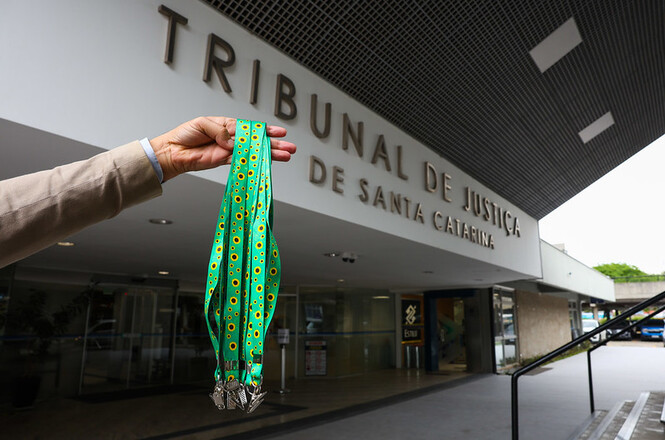 A imagem mostra a fachada do "Tribunal de Justiça de Santa Catarina". Em primeiro plano, uma mão segura várias medalhas penduradas em fitas verdes com detalhes amarelos, que parecem ser as cores da bandeira do Brasil. As medalhas estão em destaque, enquanto o prédio do tribunal aparece ao fundo. A entrada do edifício é visível, com portas de vidro e uma placa indicando "Entrada".