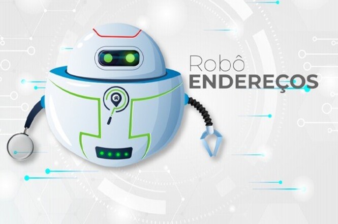 A imagem mostra um robô com um design futurista e amigável. Ele tem uma forma arredondada e é predominantemente branco com detalhes em azul e verde. O robô possui um "rosto" com dois olhos verdes em uma tela preta. Na parte frontal, há um símbolo que se assemelha a um alvo. O robô tem dois braços: um com uma pinça e o outro segurando uma lupa. Ao lado do robô, está escrito "Robô ENDEREÇOS" em letras grandes, com "ENDEREÇOS" em uma fonte mais destacada. O fundo é composto por elementos gráficos que lembram circuitos e tecnologia.