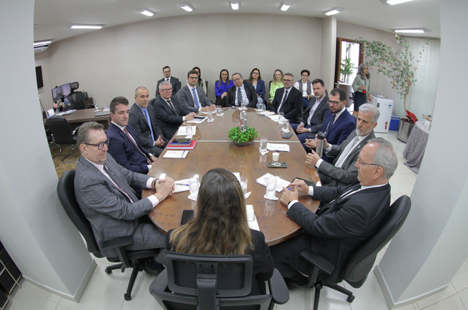 Na imagem, estão o desembargador Artur Jenichen, corregedor-geral extrajudicial, e o juiz auxiliar Maximiliano Losso Bunn, acompanhados por mais oito servidores, que estão sentados ao redor de uma mesa de reunião.