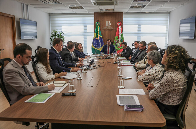 A imagem mostra uma reunião dos membros do Conselho Gestor da Conta Centralizada e a Comissão de Apoio. Documentos e copos d'água estão dispostos sobre a mesa.