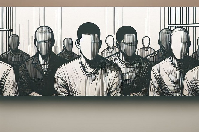 A imagem é uma ilustração de um grupo de pessoas com rostos sem detalhes. Elas estão sentadas lado a lado em um ambiente que remete a um espaço confinado. A imagem remete ao painel “A superlotação no sistema prisional catarinense: desafios e possibilidades”.