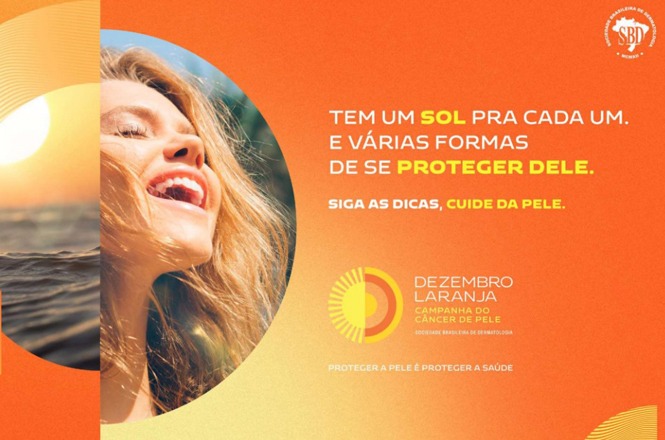 A imagem mostra uma ilustração gráfica com um fundo dividido; uma metade é laranja e a outra tem um padrão de raios de sol. No lado esquerdo, há um recorte circular mostrando parte do rosto de uma mulher com cabelo e pele clara. O lado direito contém o texto “Tem um sol para cada um. E várias formas de se proteger dele.” indicando uma campanha de conscientização sobre câncer de pele pela SBD (Sociedade Brasileira de Dermatologia).