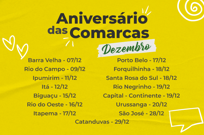 A imagem apresenta um design amarelo escrito "Aniversário das Comarcas". Abaixo, há uma lista de comarcas e suas respectivas datas de aniversário no mês de dezembro.