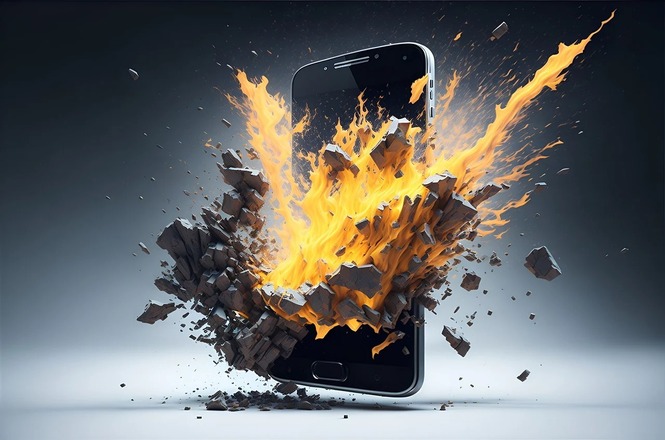 A imagem retrata um smartphone explodindo, com chamas e partículas de destroços sendo saindo dele. O aparelho está no centro da imagem.