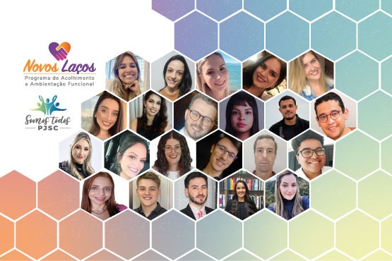 A imagem apresenta o logo do programa "Novos Laços" e a frase "Somos Todos PJSC" sobre um fundo de hexágonos coloridos. No centro, há fotos de várias pessoas em molduras hexagonais, simbolizando integração e acolhimento no âmbito do Poder Judiciário de Santa Catarina.
