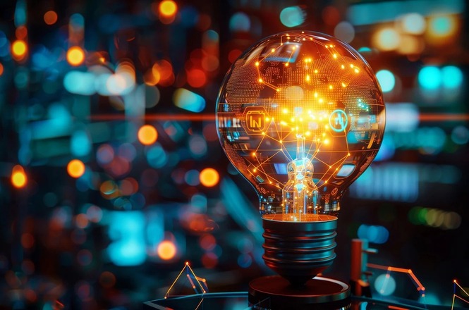 A imagem mostra uma lâmpada incandescente estilizada, com um design futurista e tecnológico. Dentro da lâmpada, há um padrão de circuitos e conexões que lembram uma rede digital ou um sistema neural. A lâmpada emite uma luz laranja brilhante, que se destaca contra um fundo desfocado de tons azuis e laranjas, criando um efeito de contraste. O ambiente ao redor parece ser uma representação abstrata de tecnologia ou inovação, com luzes e formas geométricas.