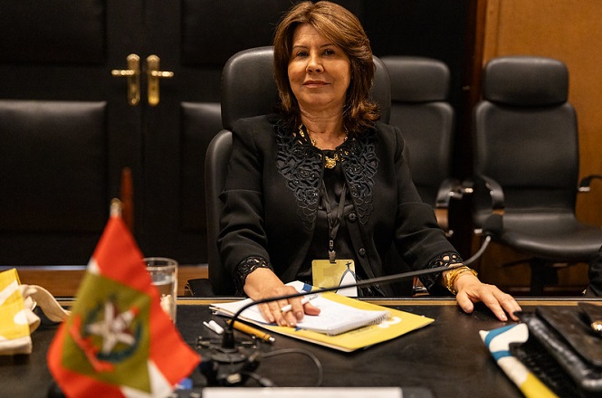 A imagem mostra a Desa. Janice Ubialli sentada em uma cadeira de escritório, atrás de uma mesa. Ela tem cabelos castanhos e veste um terno preto com detalhes bordados na parte superior. Na mesa à sua frente, há um bloco de notas amarelo, um copo de água, um microfone e uma bandeira do estado de Santa Catarina.