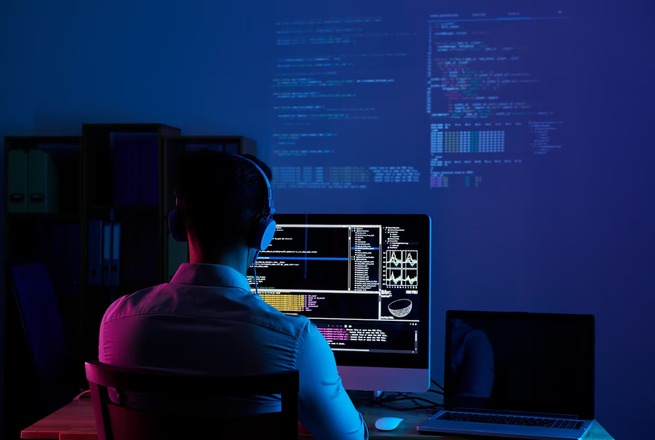 A imagem mostra uma pessoa sentada de costas, usando fones de ouvido, em frente a uma mesa com dois monitores de computador. O ambiente está escuro, iluminado apenas pela luz dos monitores. O monitor principal exibe várias janelas com códigos de programação e gráficos. Na parede ao fundo, há projeções de mais códigos, sugerindo um ambiente de trabalho tecnológico ou de programação. A pessoa parece estar concentrada em seu trabalho.