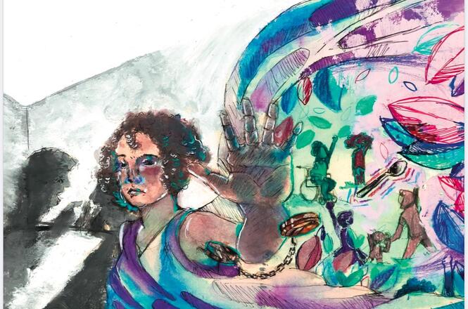 A imagem é uma ilustração artística que mostra uma pessoa com cabelo encaracolado e expressão determinada, estendendo a mão para frente. A pessoa está vestida com uma roupa que parece ser uma toga ou vestido em tons de azul e roxo. Ao redor da mão estendida, há um turbilhão de cores vibrantes, incluindo azul, roxo e verde, com formas abstratas e elementos como folhas e silhuetas de pessoas. A cena parece transmitir uma sensação de movimento e energia. Ao fundo, à esquerda, há uma sombra de uma figura humana em um ambiente mais monocromático. A imagem parece simbolizar uma mistura de resistência e criatividade.