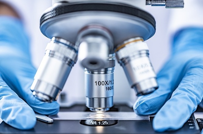 A imagem mostra um close de um microscópio sendo ajustado por uma pessoa usando luvas azuis. O microscópio tem várias lentes objetivas, e a lente central está marcada com "100X/1.25 160/0.17". As mãos da pessoa estão posicionadas em ambos os lados do microscópio, segurando a lâmina que está sendo examinada. A cena sugere um ambiente de laboratório, onde análises microscópicas estão sendo realizadas.