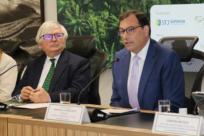 Foto horizontal: desembargador Francisco Oliveira Neto, de gravata rosa, fala em reunião ao lado de autoridade, ambiente institucional.