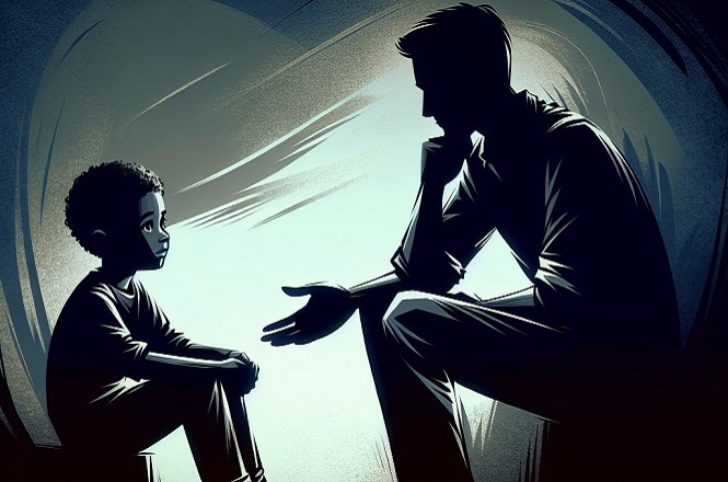 A imagem mostra uma ilustração em estilo artístico de duas pessoas em um momento de conversa. À esquerda, há uma criança sentada, com cabelo encaracolado, olhando atentamente para a pessoa à direita. À direita, há um adulto sentado, inclinado para frente, com uma mão estendida na direção da criança, como se estivesse explicando ou oferecendo algo. O fundo é composto por tons de azul e branco, criando um efeito de luz que destaca as silhuetas das duas figuras. A cena transmite uma sensação de diálogo e compreensão.