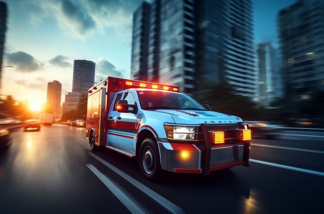 A imagem mostra uma ambulância em movimento em uma rua de uma cidade. A ambulância é branca com detalhes em vermelho e azul, e possui luzes de emergência piscando no topo e na frente do veículo. Está em uma via urbana, cercada por prédios altos e modernos. O sol está se pondo ou nascendo, criando um efeito de luz dourada no horizonte. A cena transmite uma sensação de urgência e velocidade.
