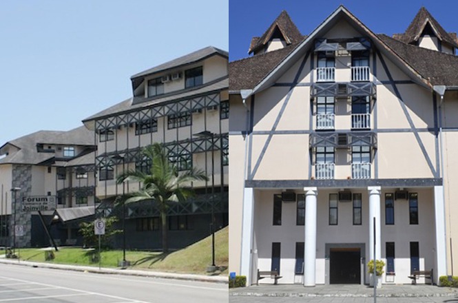 A imagem mostra duas fotos lado a lado de edifícios com arquitetura semelhante.  À esquerda, o edifício é identificado como "Fórum Joinville". Ele possui uma estrutura moderna com várias janelas e detalhes em metal escuro. Há uma palmeira em frente ao prédio e uma placa de trânsito visível na calçada. À direita, o edifício tem um estilo arquitetônico que lembra construções europeias, com um telhado inclinado e detalhes em madeira escura contrastando com a fachada clara. Há colunas brancas na entrada principal e algumas plantas decorativas ao redor. O céu está claro em ambas as fotos.