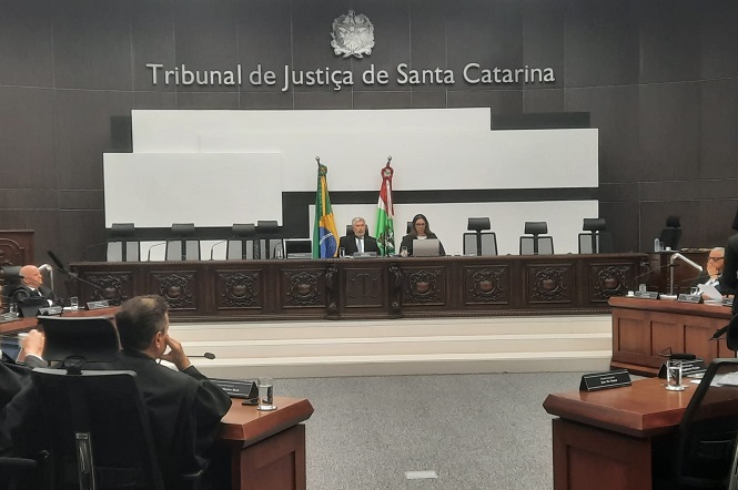 Sala de tribunal com várias pessoas sentadas em cadeiras dispostas em semicírculo. As paredes são revestidas de madeira escura e há um grande painel na parede ao fundo. No canto esquerdo, há bandeiras do Brasil e de Santa Catarina. No centro da sala, há uma mesa comprida com várias pessoas, provavelmente juízes ou advogados, participando de uma sessão. O teto possui várias luminárias embutidas, proporcionando iluminação uniforme. Há também um telão ao fundo exibindo uma imagem.