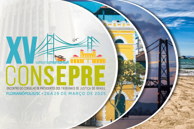 Arte gráfica: identidade do XV Consepre, paisagem urbana e litorânea, evento institucional, divulgando encontro em azul, amarelo e branco