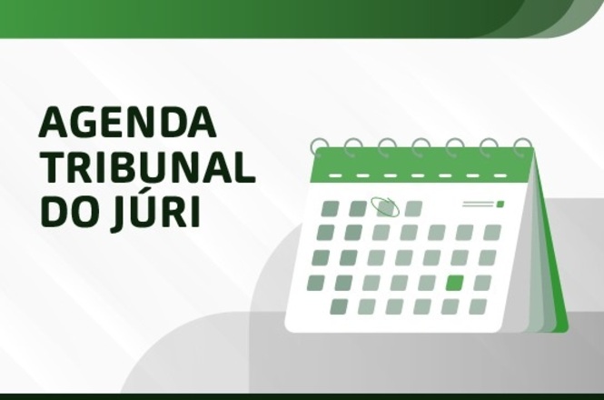 Imagem com fundo em tons de verde e branco. À esquerda, está escrito "AGENDA TRIBUNAL DO JÚRI" em letras maiúsculas e de cor preta. À direita, há uma ilustração de um calendário em espiral, também em tons de verde e branco.