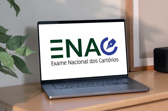 Um laptop está sobre uma mesa de madeira. Na tela do laptop, há um logotipo com as letras "ENAC" em verde e azul, seguido pelo texto "Exame Nacional dos Cartórios". Ao lado esquerdo do laptop, há algumas folhas verdes de uma planta. Ao fundo, há uma moldura de madeira encostada na parede.