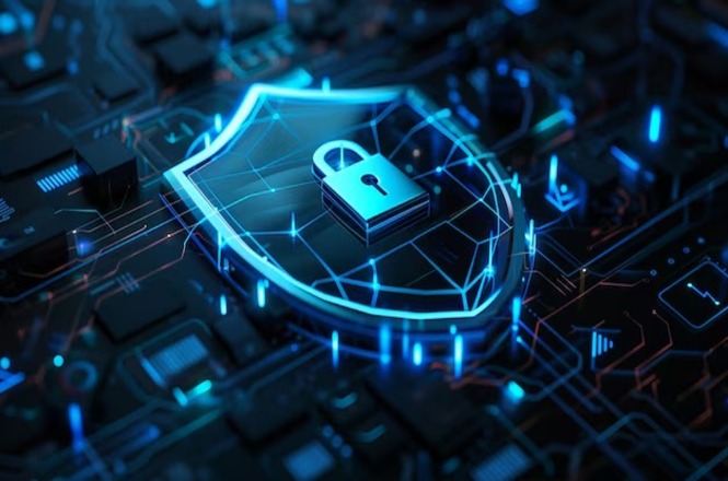 A imagem mostra um conceito de segurança digital. No centro, há um escudo estilizado com um cadeado, simbolizando proteção e segurança cibernética. O fundo é composto por um circuito eletrônico com luzes azuis brilhantes, sugerindo tecnologia e proteção de dados digitais.