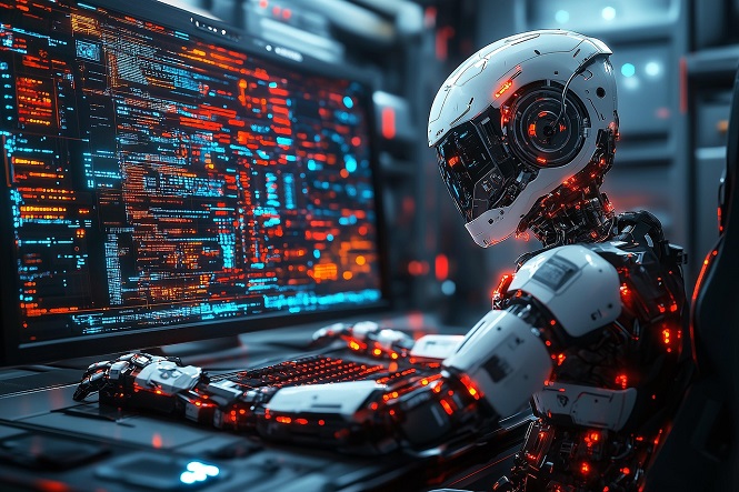 A imagem retrata um robô humanoide altamente avançado operando um computador em um ambiente futurista. O robô possui um design sofisticado, com um corpo metálico e detalhes luminosos em tons de vermelho, sugerindo tecnologia de ponta.