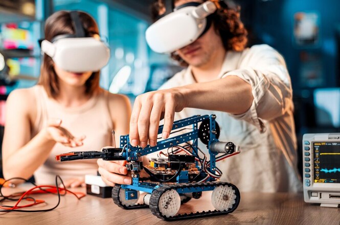 Duas pessoas estão usando óculos de realidade virtual e manipulando um robô em miniatura sobre uma mesa. O robô tem esteiras, como um tanque, e uma estrutura metálica azul com vários componentes eletrônicos e fios. Ao fundo, há um ambiente que parece ser um laboratório ou oficina, com iluminação suave e equipamentos eletrônicos. À direita, há um dispositivo com uma tela que exibe gráficos ou dados. As pessoas parecem estar concentradas na atividade, possivelmente realizando um experimento ou teste com o robô.