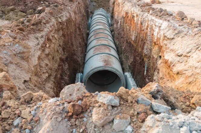 Uma vala aberta no solo, com um grande tubo de concreto instalado no centro. As paredes da vala são de terra exposta, e o tubo parece ser parte de um sistema de esgoto ou drenagem. Há pedras e terra solta ao redor da abertura da vala. A cena sugere uma obra de infraestrutura em andamento.