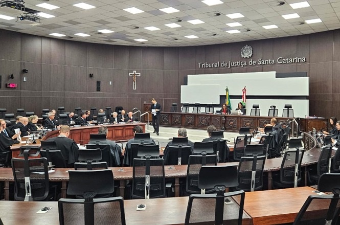 Sala de tribunal com várias pessoas sentadas em cadeiras pretas ao redor de uma grande mesa em formato de "U". Na parede ao fundo, está escrito "Tribunal de Justiça de Santa Catarina". Há um crucifixo à esquerda e bandeiras do Brasil e de Santa Catarina ao centro. Algumas pessoas estão de pé, enquanto outras estão sentadas, todas vestidas formalmente, provavelmente em trajes de juízes ou advogados. O ambiente é bem iluminado, com teto de placas brancas e piso claro.