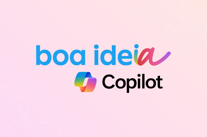 Fundo em tom rosa claro com linhas geométricas sutis. No centro, o texto "boa ideia" em letras minúsculas, onde "boa idei" está em azul e o "a" final é estilizado com um gradiente de cores que vai do rosa ao azul. Abaixo, há um logotipo colorido com um gradiente semelhante, seguido da palavra "Copilot" em preto.