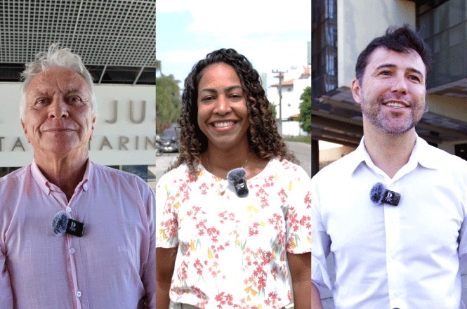Três pessoas estão lado a lado em uma montagem de fotos. À esquerda, um homem mais velho com cabelo grisalho veste uma camisa rosa clara e está em frente a um fundo que parece ser um prédio com parte de um letreiro visível. No centro, uma mulher sorridente com cabelo cacheado e escuro veste uma blusa branca com estampa floral e está em um ambiente ao ar livre. À direita, um homem de barba curta e cabelo escuro veste uma camisa branca e está em frente a um prédio. Todos estão usando microfones de lapela presos às suas roupas.