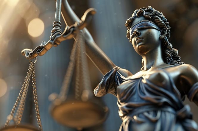 A imagem mostra uma escultura da deusa da justiça, frequentemente representada como uma mulher com os olhos vendados e segurando uma balança. A venda simboliza a imparcialidade e a balança representa o equilíbrio e a justiça. A escultura possui detalhes intricados e é iluminada por uma luz suave que destaca seus contornos. A cena transmite uma sensação de solenidade e equidade.