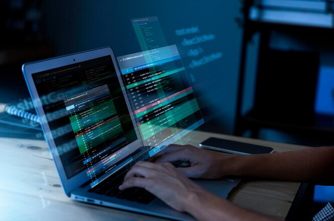A imagem mostra uma pessoa trabalhando em um laptop. A tela do laptop exibe código, sugerindo que a pessoa está programando. Há uma projeção digital sobre a tela, criando um efeito futurista. O cenário ao redor está pouco iluminado, mantendo o foco na tela e nas mãos do usuário.