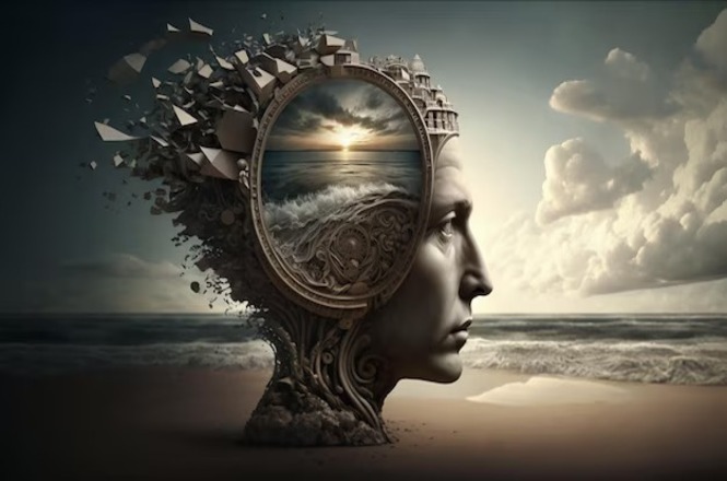 A imagem exibe uma obra artística surrealista em que o perfil de uma cabeça humana se apresenta como uma escultura intricada. O rosto está voltado para a direita e, na parte interna da cabeça, há uma vista para o mar, com ondas e um pôr do sol ao fundo. A parte externa da cabeça parece estar se desfazendo, com fragmentos geométricos dispersos. O cenário é uma praia com nuvens no céu, contribuindo para a atmosfera surreal e misteriosa da imagem.