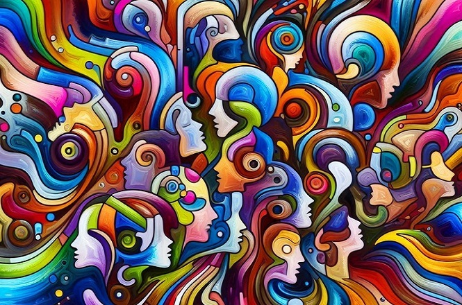 A imagem é uma obra de arte abstrata com uma variedade de rostos estilizados e contornos humanos entrelaçados em um padrão complexo. As cores são vibrantes e variadas, incluindo tons de azul, vermelho, amarelo, verde e roxo. As formas onduladas e os padrões geométricos criam um efeito dinâmico e multidimensional, sugerindo movimento e energia. Os rostos parecem se fundir uns com os outros, compondo uma composição rica e visualmente impactante.