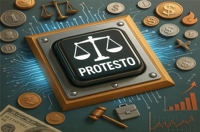 A imagem mostra um botão preto central com a palavra "PROTESTO" e a imagem de uma balança de justiça. Em torno do botão, há vários ícones relacionados a temas financeiros e legais, como moedas de diferentes valores, um martelo de juiz, um gráfico de crescimento, notas de dólar, e um envelope. O fundo tem um design de circuito eletrônico, sugerindo uma conexão tecnológica ou digital. Elementos visuais como a balança e o martelo indicam um contexto de justiça ou legalidade.