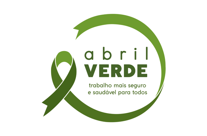A imagem mostra um laço verde ao lado das palavras "abril VERDE" em letras minúsculas, com a frase "trabalho mais seguro e saudável para todos" abaixo. O laço e o texto estão em várias tonalidades de verde, simbolizando uma campanha dedicada à promoção da segurança e saúde no trabalho durante o mês de abril.