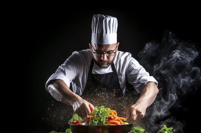 A imagem mostra um chef de cozinha em ação. Ele está usando uniforme tradicional de chef, incluindo um chapéu e avental. O chef está preparando um prato em uma panela, com uma variedade de vegetais coloridos, como alface, cenoura e tomate. Há também especiarias em movimento no ar, sugerindo um gesto dinâmico enquanto ele mistura os ingredientes. A cena está envolta em fumaça, criando uma atmosfera dramática e concentrada. O fundo é escuro, destacando ainda mais o chef e sua atividade culinária.