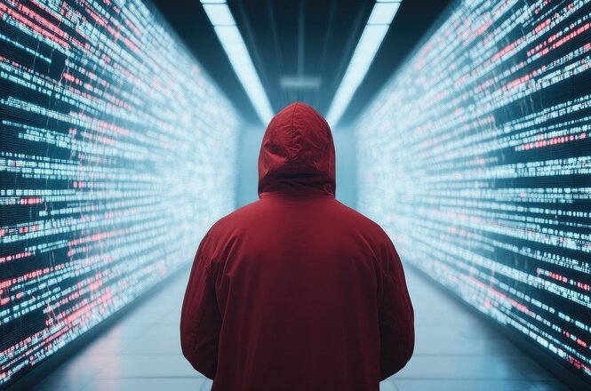 A imagem mostra uma pessoa de costas usando um moletom vermelho com capuz. A pessoa está em um corredor escuro com paredes cobertas de linhas de código ou texto digital, que brilham em vermelho e azul, criando um efeito futurista e tecnológico.