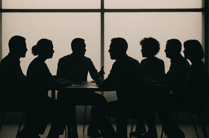 Na imagem, vemos a silhueta de um grupo de sete pessoas sentadas ao redor de uma mesa retangular. O fundo é claro, destacando as silhuetas das pessoas, que parecem estar em uma reunião ou discussão. A cena transmite um ambiente formal ou corporativo.