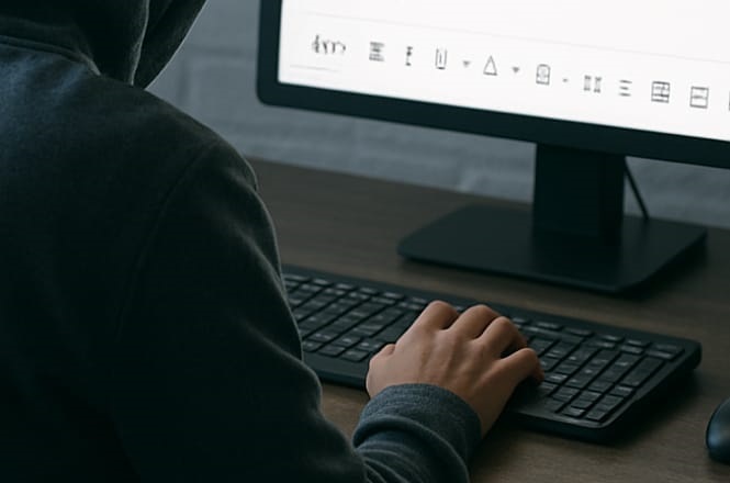 A imagem mostra uma pessoa usando moletom com capuz, sentada em frente a um computador. O monitor exibe uma tela branca com ícones ou texto no topo. A pessoa está digitando no teclado, e a cena tem uma iluminação discreta, criando uma atmosfera um pouco misteriosa.