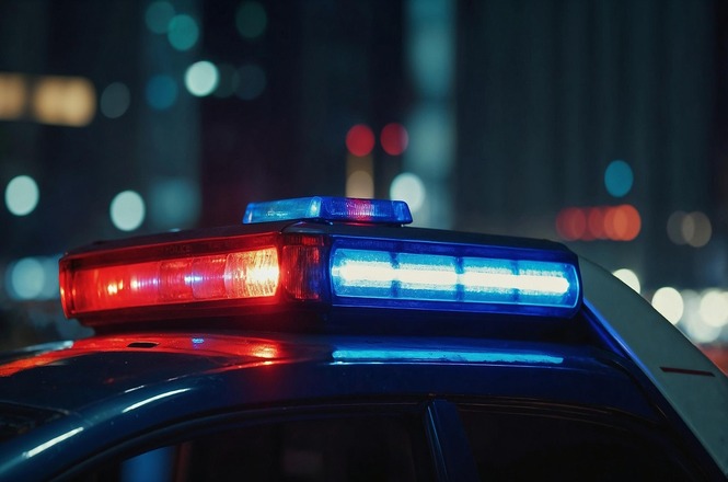 A imagem mostra as luzes de emergência de um carro de polícia. As luzes são azuis e vermelhas, localizadas no topo do veículo. O fundo está desfocado, sugerindo uma cena urbana noturna com luzes de prédios ou de ruas.