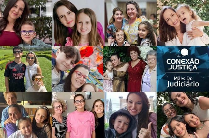 A imagem é uma colagem de várias fotos de pessoas, principalmente mulheres e crianças, mostrando momentos de carinho e união. Muitas das fotos mostram mães com seus filhos, e há diferentes gerações juntas em algumas imagens. No canto superior direito, há um logotipo com o texto "Conexão Justiça - Mães do Judiciário". As pessoas nas fotos estão sorrindo, transmitindo uma sensação de alegria e amor familiar.