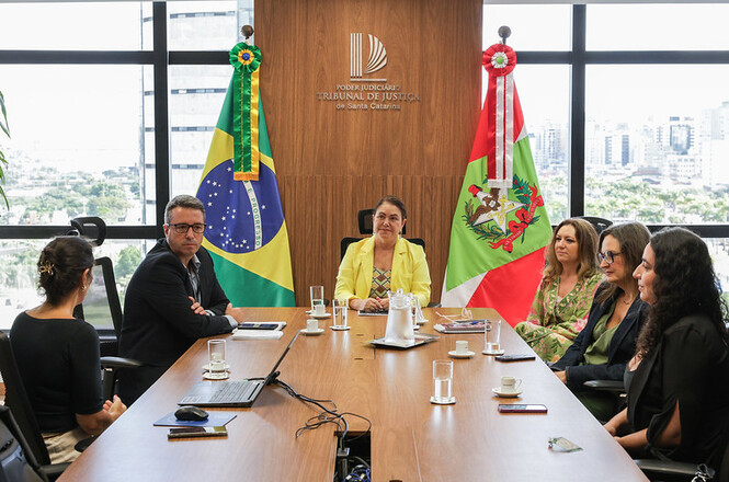 A imagem mostra uma reunião em uma sala do Tribunal de Justiça de Santa Catarina, com bandeiras do Brasil e de Santa Catarina ao fundo. Seis pessoas estão sentadas ao redor de uma mesa de reunião. Na mesa, há copos de água, xícaras e um notebook. A sala tem uma decoração formal e janelas de vidro ao fundo que oferecem vista para a cidade.